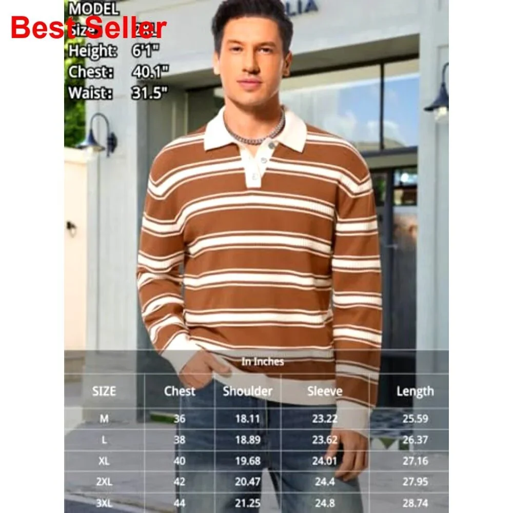 Men's Striped Long Sleeve Polo Sweater, Lightweight Knit Pullover